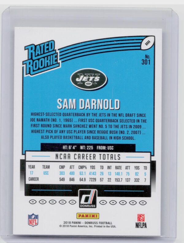 2018 Donruss Sam Darnold RC #301 Jets - Image 3
