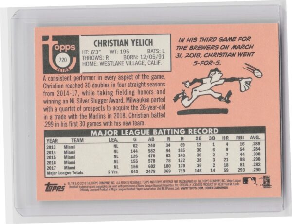 2018 Heritage Christian Yelich SP VAR #720 Brewers - Image 3