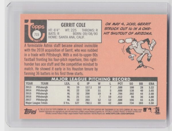 2018 Heritage Gerrit Cole SP VAR #715 Astros - Image 3