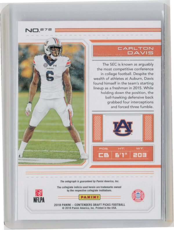 2018 Panini Contenders Draft Picks Carlton Davis Draft Blue Foil #272 Tigers - Image 3