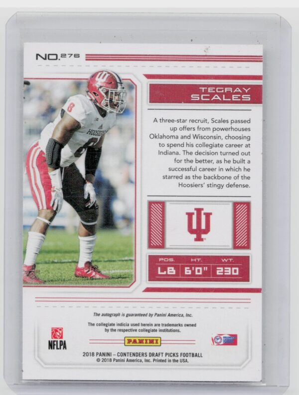 2018 Panini Contenders Draft Picks Tegray Scales AU #276 Hoosiers - Image 3