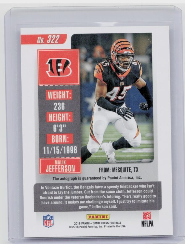 2018 Panini Contenders Malik Jefferson AU RC #322 Bengals - Image 3
