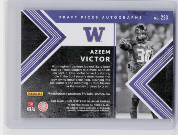 2018 Panini Elite Draft Picks Azeem Victor AU #223 Huskies Draft Picks Autograph - Image 3