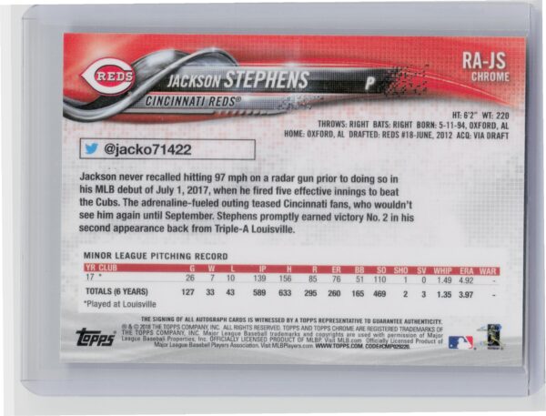 2018 Topps Chrome Jackson Stephens #RA-JS Reds Rookie Autographs - Image 3