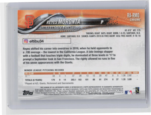 2018 Topps Chrome Reyes Moronta AU #RA-RMO Giants Rookie Autographs - Image 3