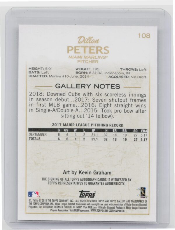 2018 Topps Gallery Dillon Peters AU #108 Marlins Autographs - Image 3