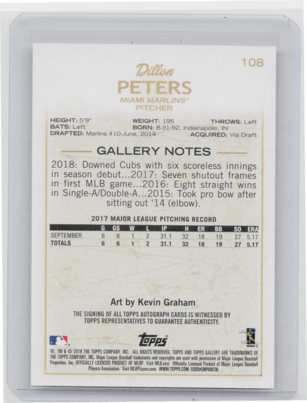 2018 Topps Gallery Dillon Peters AU #108 Marlins Autographs - Image 3
