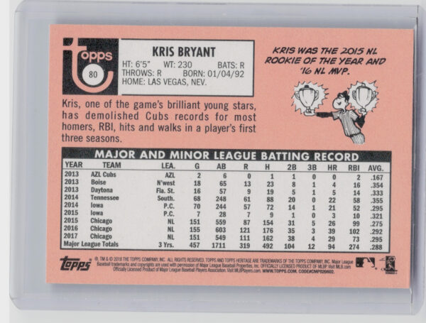 2018 Topps Heritage Kris Bryant SP VAR #80 Cubs - Image 3