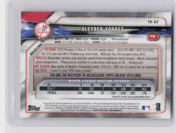 2018 Topps Holiday Bowman Gleyber Torres RC #TH-GT Yankees - Image 3