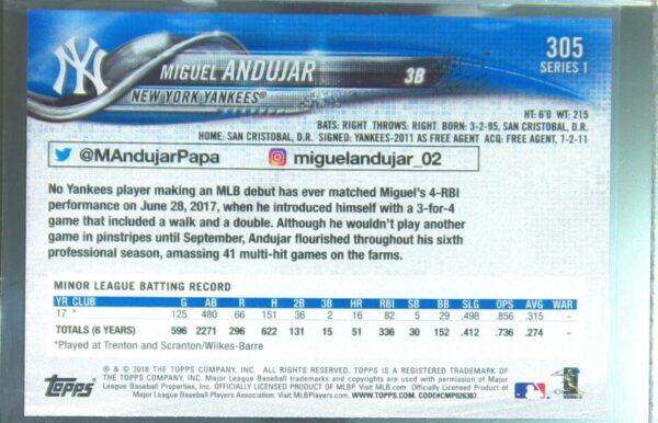 2018 Topps Miguel Andujar RC #305 Yankees - Image 3