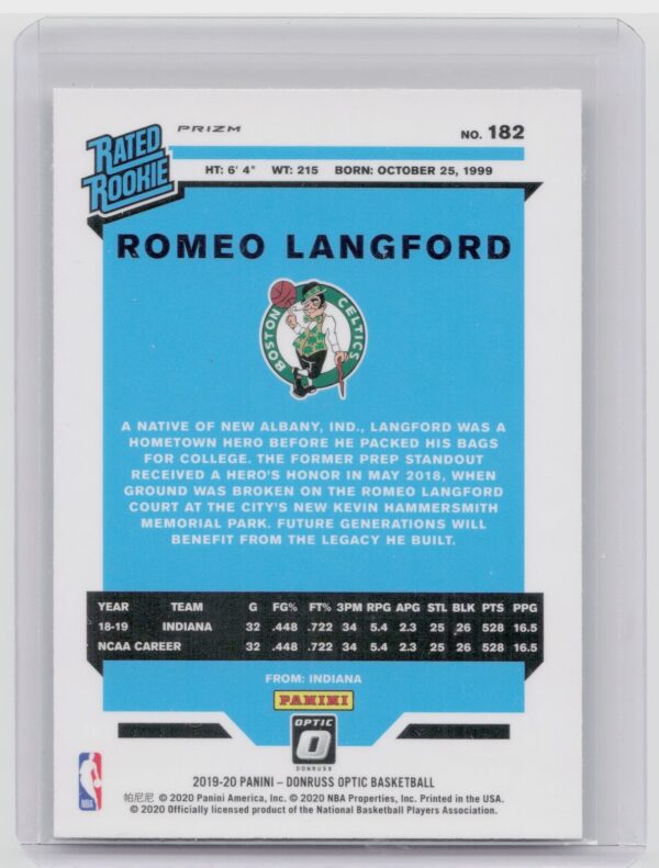 2019-20 Donruss Optic Romeo Langford Holo #182 Celtics - Image 3