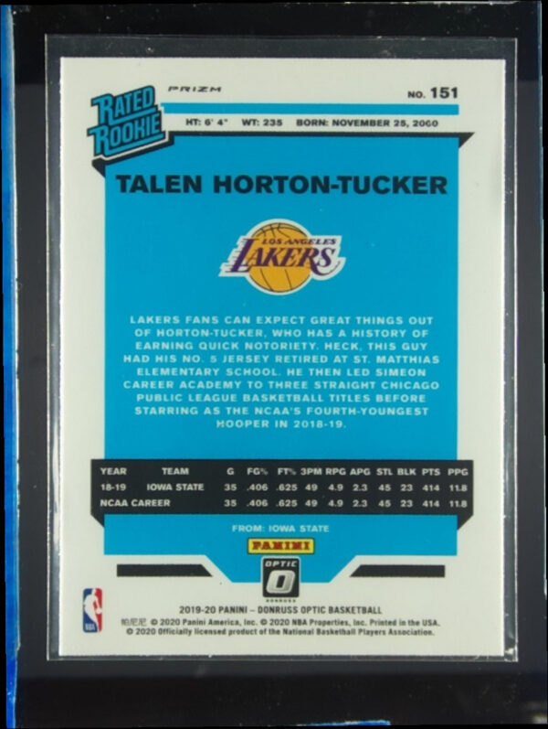 2019-20 Donruss Optic Talen Horton-Tucker Holo #151 Lakers - Image 3