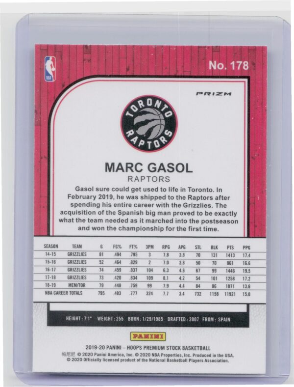 2019-20 Hoops Premium Stock Marc Gasol Prizms Teal #178 Raptors - Image 3