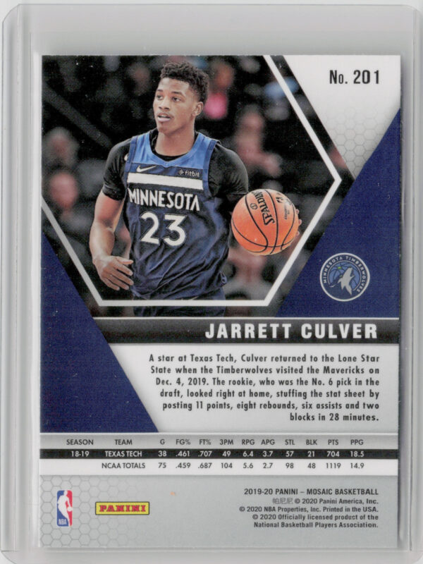 2019-20 Panini Mosaic Jarrett Culver VAR #201 Timberwolves - Image 3