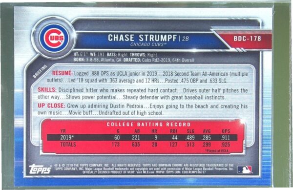 2019 Bowman Draft Chase Strumpf Chrome Blue Refractor /150 #BDC-178 Cubs - Image 3