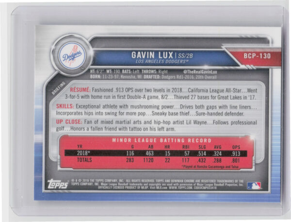 2019 Bowman Gavin Lux #BCP-130 Dodgers Chrome Prospects Mojo Refractors - Image 3