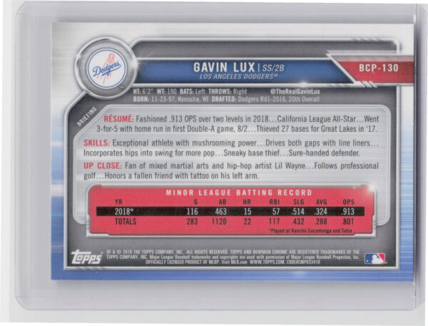 2019 Bowman Gavin Lux #BCP-130 Dodgers Chrome Prospects Mojo Refractors - Image 3