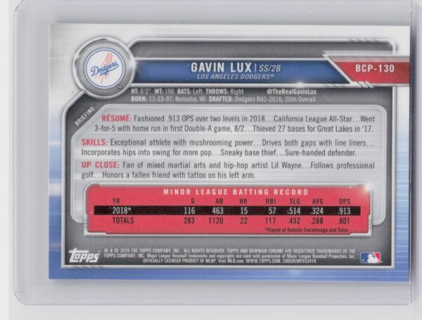 2019 Bowman Gavin Lux #BCP-130 Dodgers Chrome Prospects Mojo Refractors - Image 3