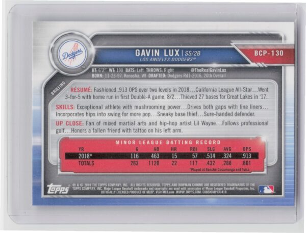 2019 Bowman Gavin Lux #BCP-130 Dodgers Chrome Prospects Mojo Refractors - Image 3