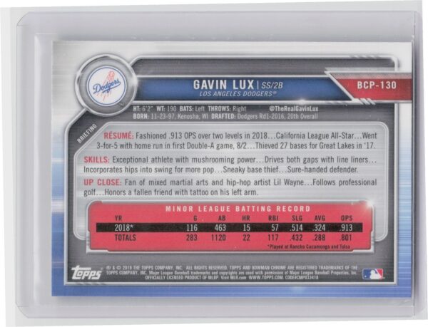 2019 Bowman Gavin Lux #BCP-130 Dodgers Chrome Prospects Mojo Refractors - Image 3