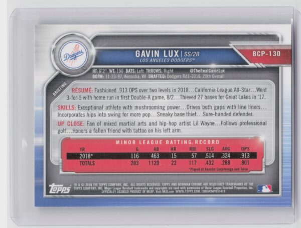 2019 Bowman Gavin Lux #BCP-130 Dodgers Chrome Prospects Mojo Refractors - Image 3