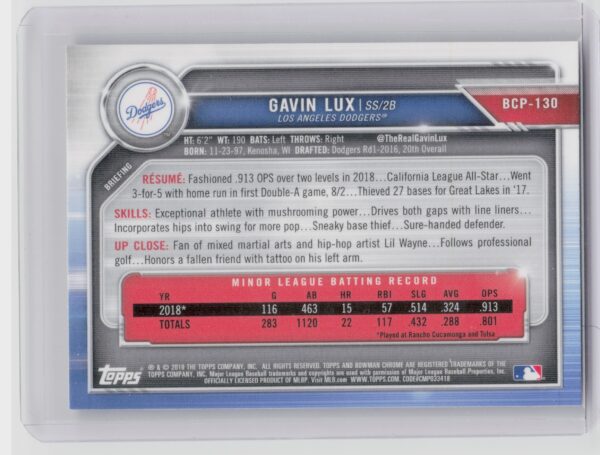 2019 Bowman Gavin Lux #BCP-130 Dodgers Chrome Prospects Mojo Refractors - Image 3