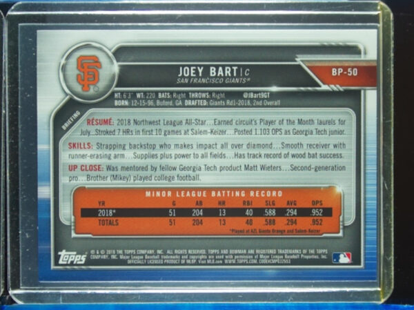 2019 Bowman Joey Bart #BP-50 Giants Prospects - Image 3
