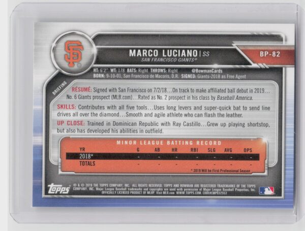 2019 Bowman Marco Luciano #BP-82 Giants Prospects - Image 3