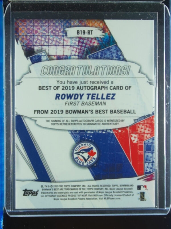 2019 Bowman's Best Rowdy Tellez AU #B19-RT Jays Best of 2019 Autographs - Image 3