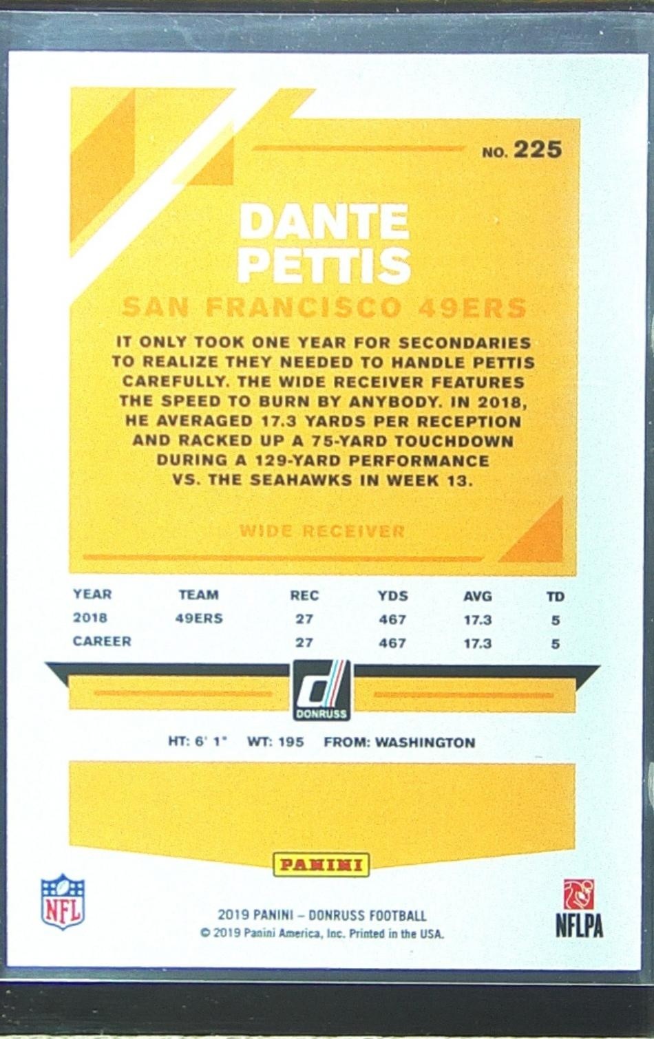 2019 Donruss Dante Pettis Season Stat Line /467 #225 49ers - Image 3