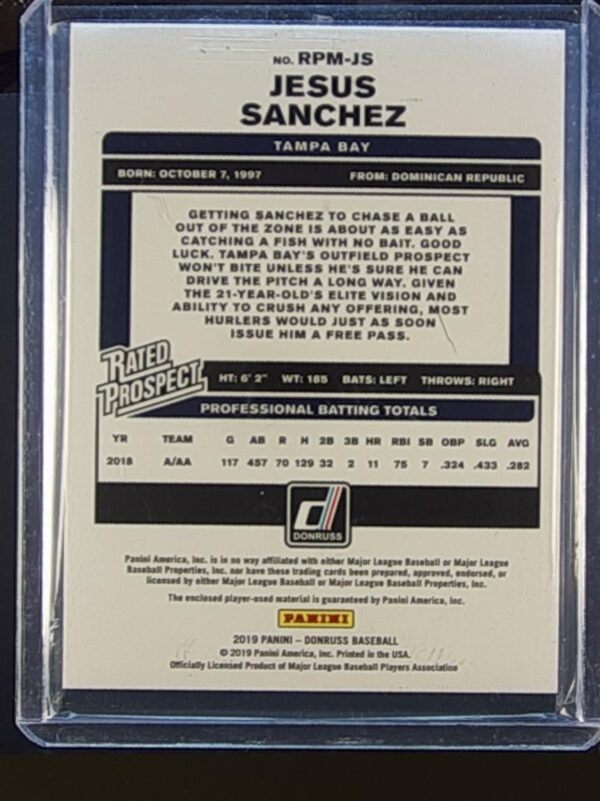 2019 Donruss Jesus Sanchez /99 JSY #RPM-JS Rays Rated Prospect Material Gold - Image 3