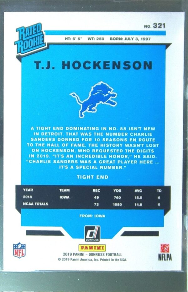 2019 Donruss T.J. Hockenson RC #321 Lions - Image 3