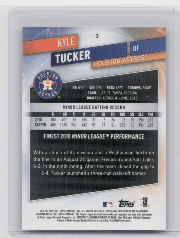 2019 Finest Kyle Tucker RC #3 Astros - Image 3