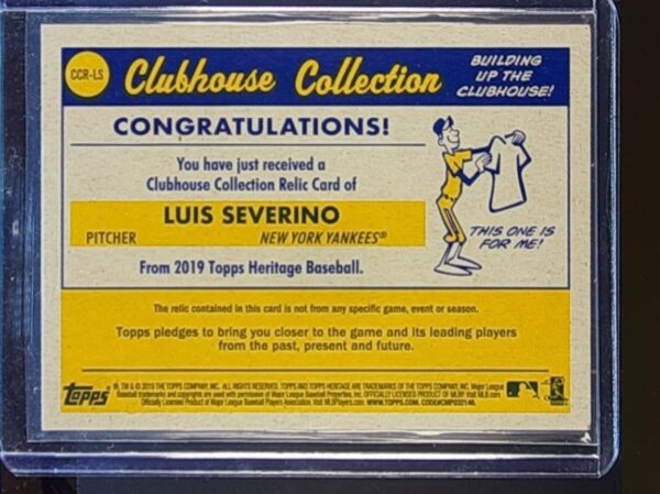 2019 Heritage Luis Severino JSY #CCR-LS Yankees Clubhouse Collection Relics - Image 3