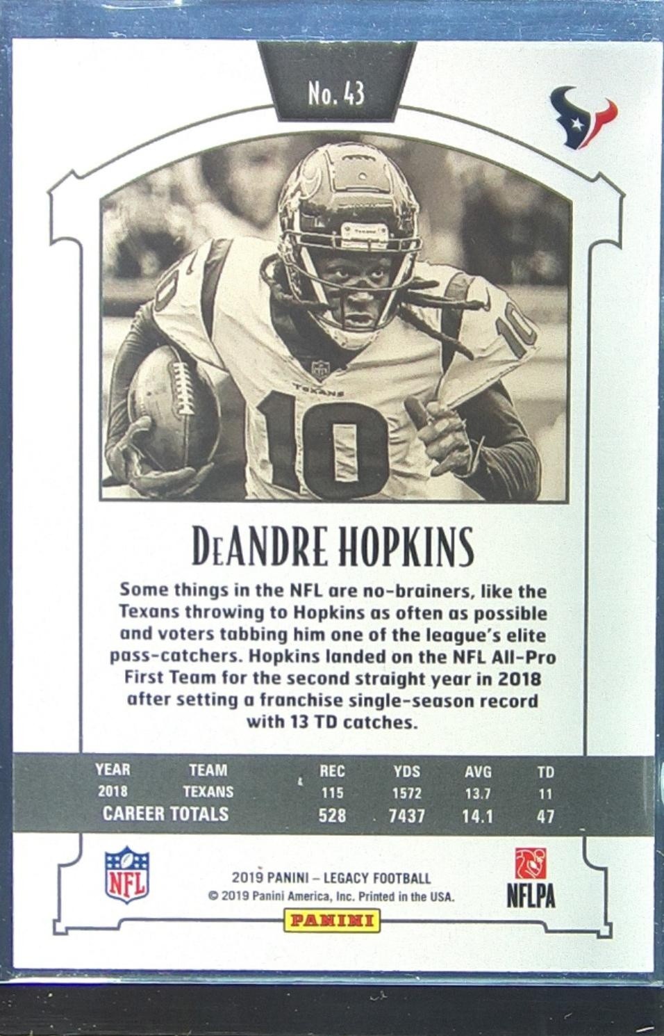 2019 Panini Legacy DeAndre Hopkins Violet /10 #43 Texans - Image 3