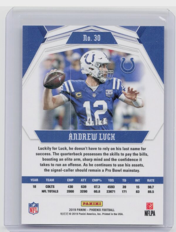2019 Panini Phoenix Andrew Luck Purple /149 #30 Colts - Image 3