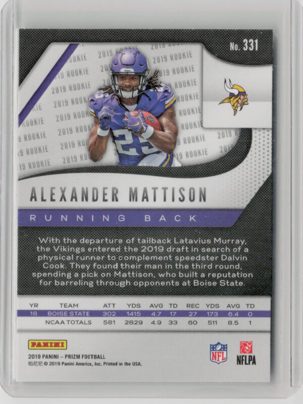 2019 Panini Prizm Alexander Mattison RC #331 Vikings - Image 3