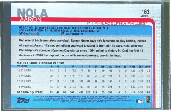 2019 Topps Aaron Nola Yellow #163 Phillies - Image 3