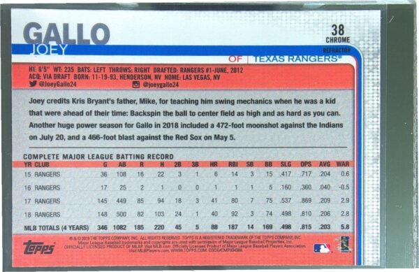 2019 Topps Chrome Joey Gallo Pink Refractor #38 Rangers - Image 3