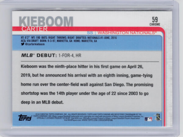 2019 Topps Chrome Update Carter Kieboom RC #59 Nationals - Image 3