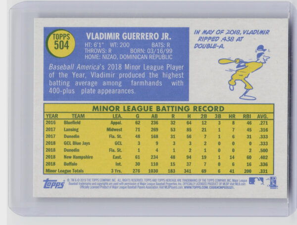 2019 Topps Heritage Vladimir Guerrero Jr. RC #504 Jays - Image 3