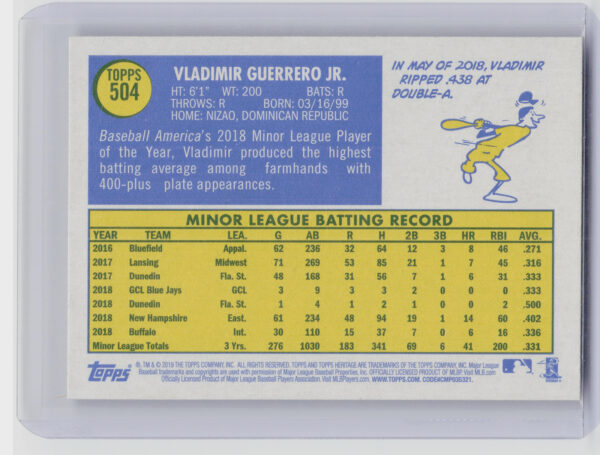 2019 Topps Heritage Vladimir Guerrero Jr. RC #504 Jays - Image 3