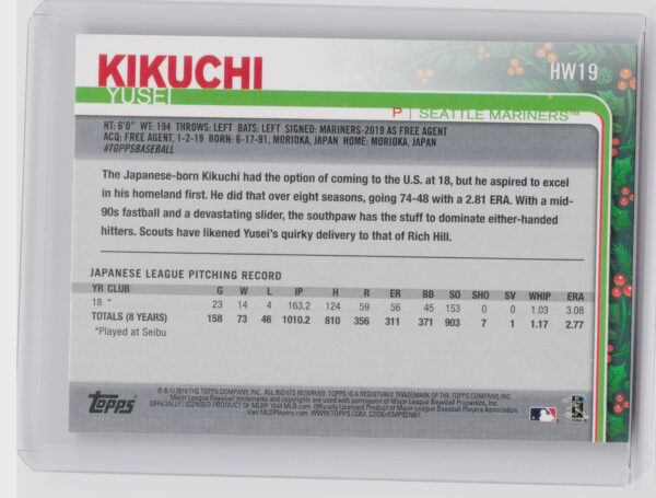 2019 Topps Holiday Yusei Kikuchi RC #HW19 Mariners - Image 3