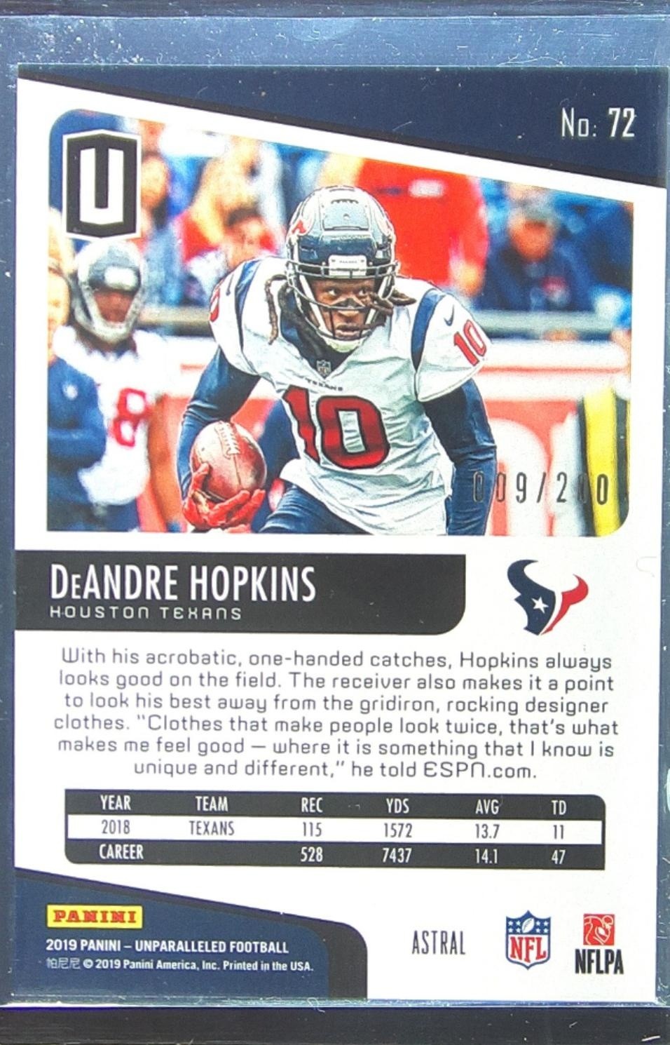 2019 Unparalleled DeAndre Hopkins Astral /200 #72 Texans - Image 3