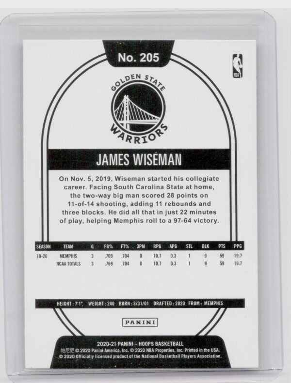 2020-21 Hoops James Wiseman #205 Warriors - Image 3