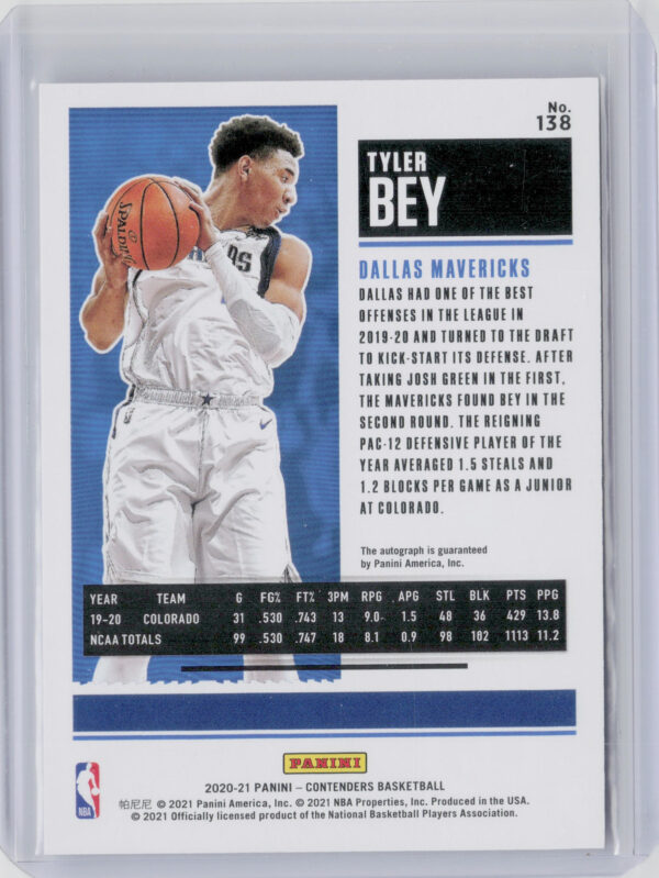 2020-21 Panini Contenders Tyler Bey AU RC #138 Mavericks - Image 3