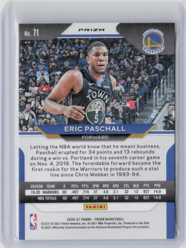 2020-21 Panini Prizm Eric Paschall Choice Blue, Yellow and Green Prizms #71 Warr - Image 3