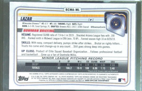 2020 Bowman Chrome Max Lazar Auto #BCMA-ML Prospect Autographs Mojo Refractor - Image 3