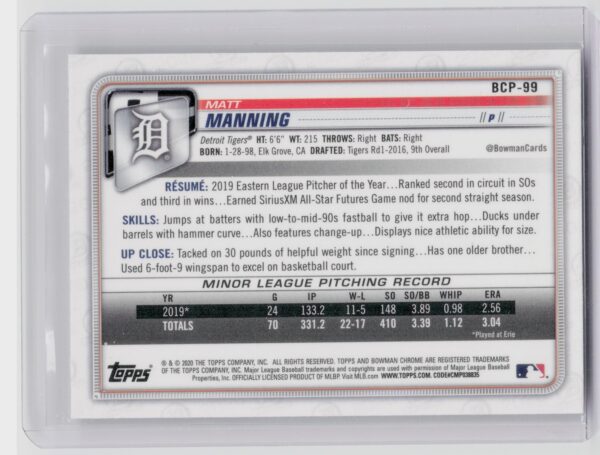 2020 Bowman Matt Manning #BCP-99 Tigers Chrome Prospects Mojo Refractor - Image 3