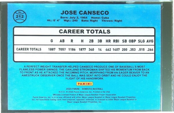 2020 Donruss Jose Canseco Holo Purple #212 Athletics - Image 3